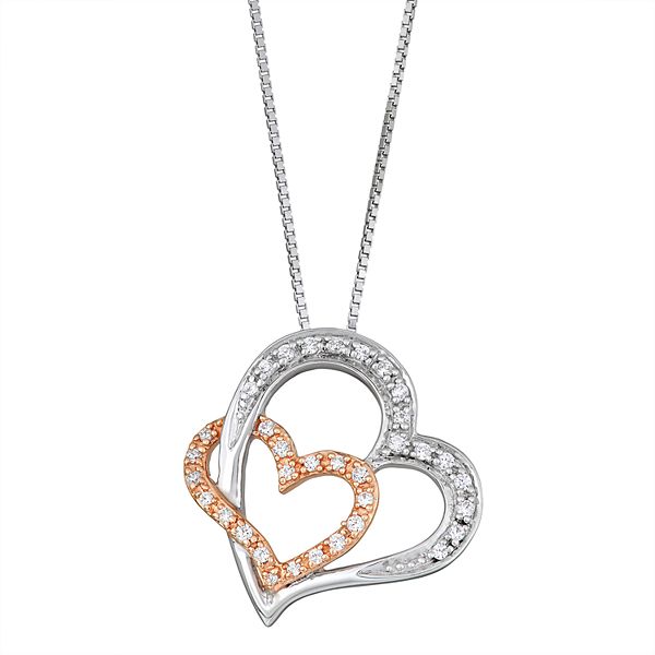 Two Tone Sterling Silver 1/5 Carat T.W. Diamond Double Heart Pendant