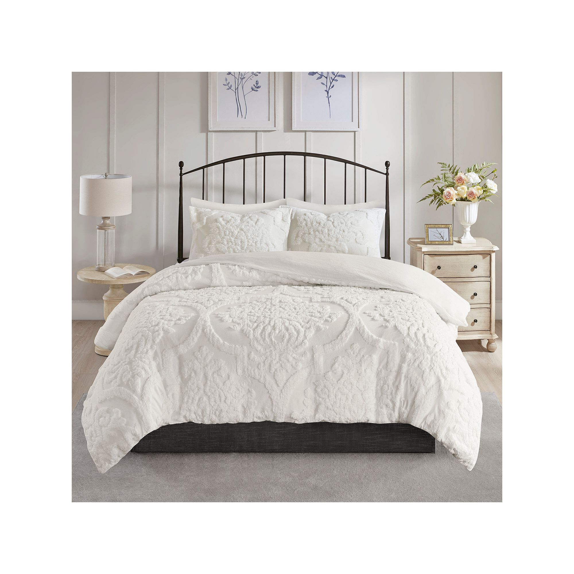 Madison Park Aeriela 3 Piece Tufted Damask Duvet Cover Set with Shams, Off 