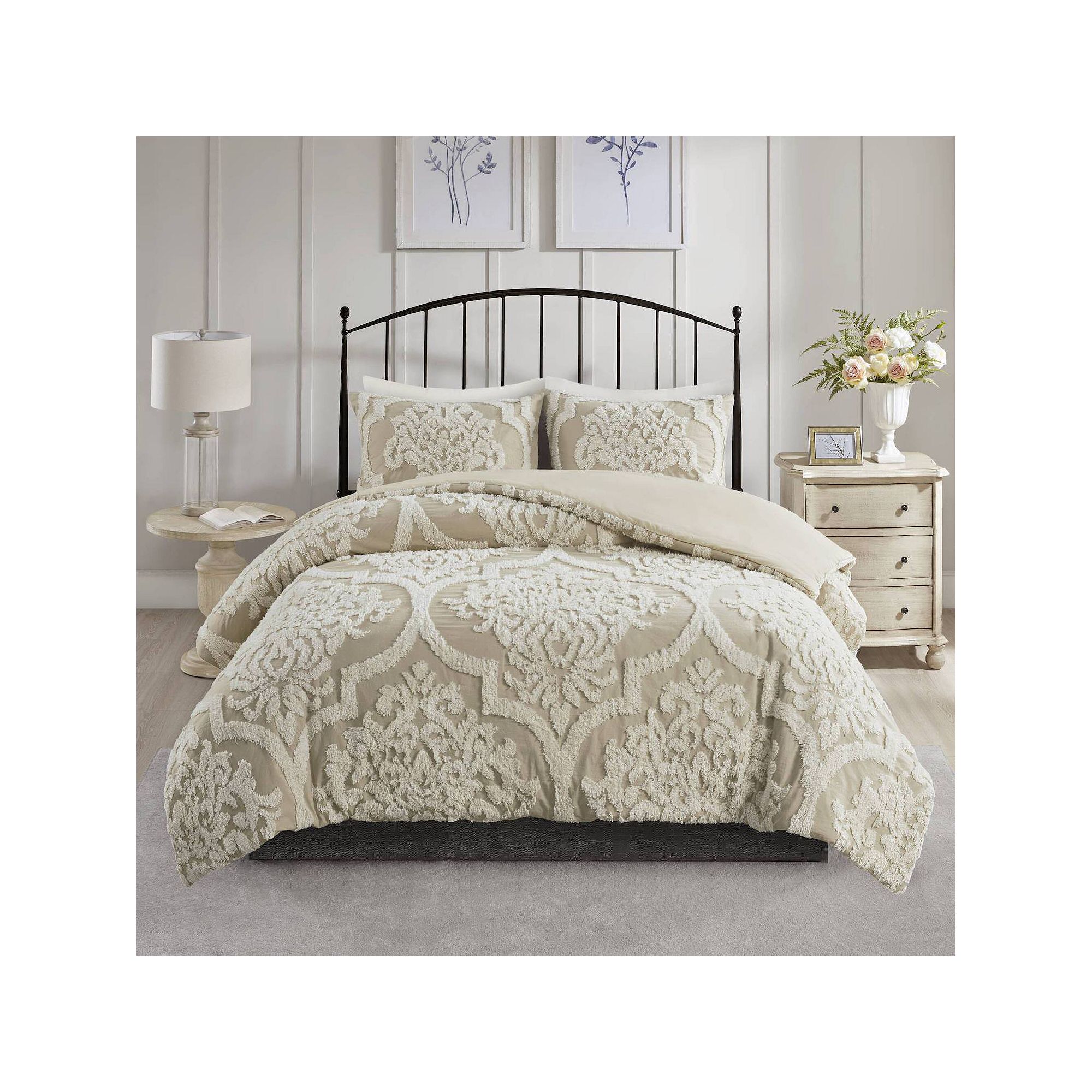 Madison Park Aeriela 3 Piece Tufted Damask Duvet Cover Set with Shams, Brow