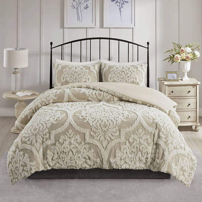 Full/Queen Eugenia Cotton Chenille Damask Duvet Cover Set Taupe: Madison Park, Lightweight Fabric, OEKO-TEX Certified