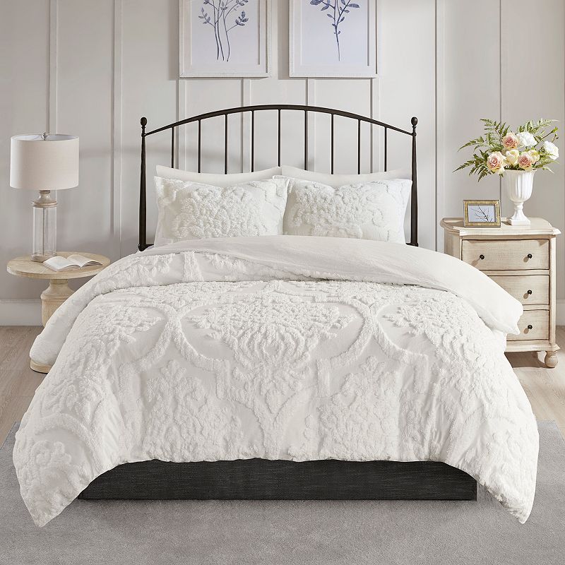 Madison Park Aeriela 3 Piece Tufted Damask Duvet Cover Set with Shams, Whit