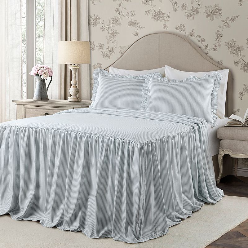 Lush Decor Ticking Stripe Ruffled Bedspread Set, Med Blue