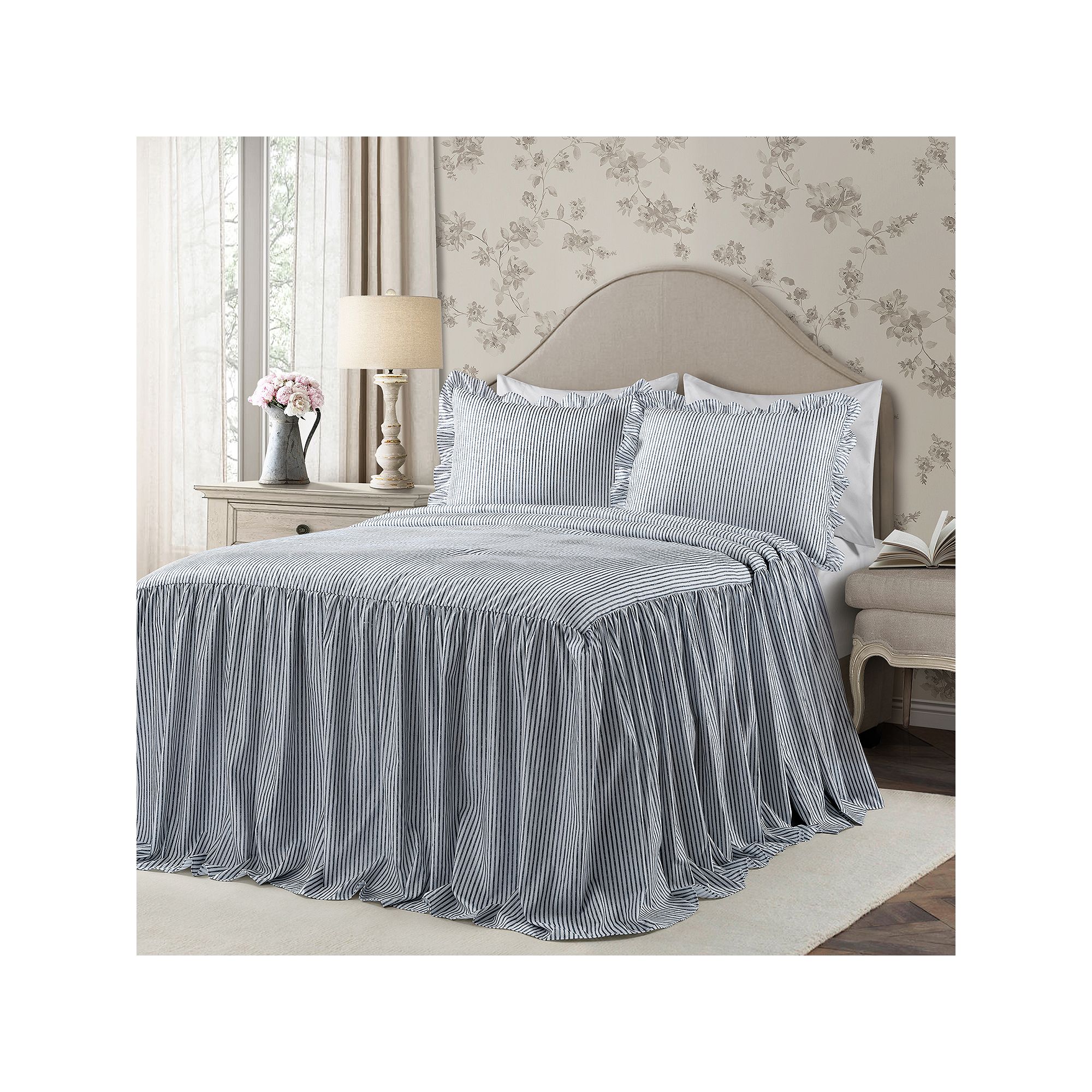 Lush Decor Ticking Stripe Ruffled Bedspread Set, Blue