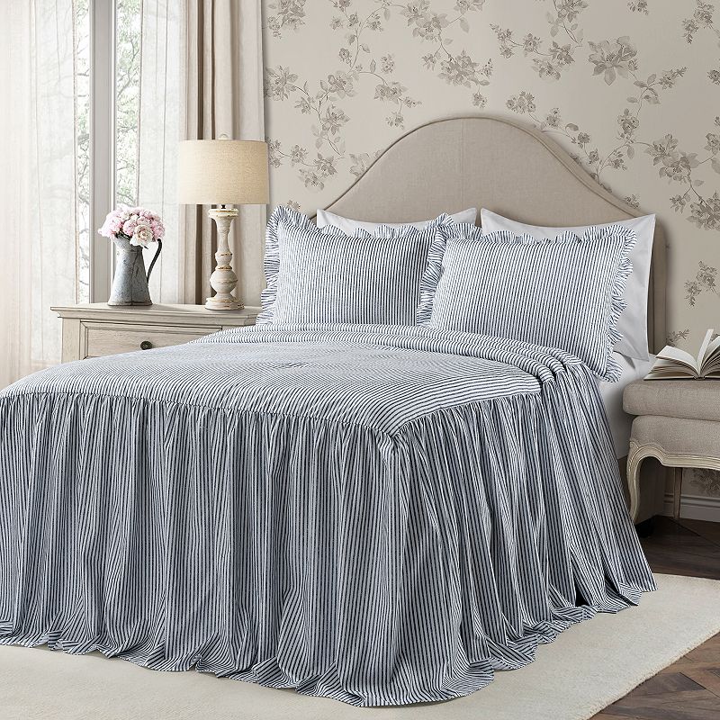 Lush Decor Ticking Stripe Ruffled Bedspread Set, Blue