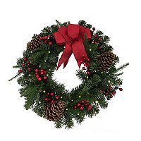 St. Nicholas Square Red Ribbon LED Pinecone Wreath