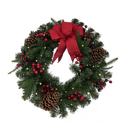 St Nicholas Square Red Ribbon Led Pinecone Wreath