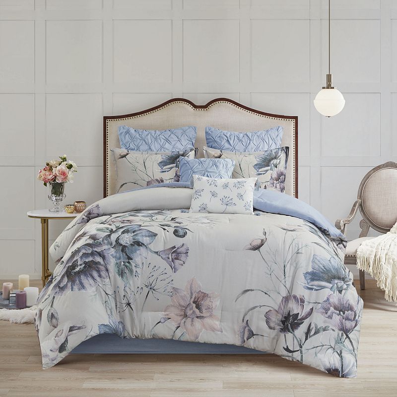 Madison Park Gisele 8-Piece Floral Printed Cotton Comforter Set with Throw 