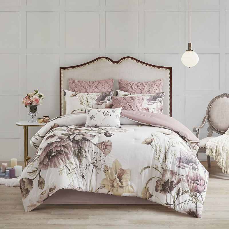 Home Essence Maddy 8 Piece Blush Cotton Floral Comforter Set  Queen