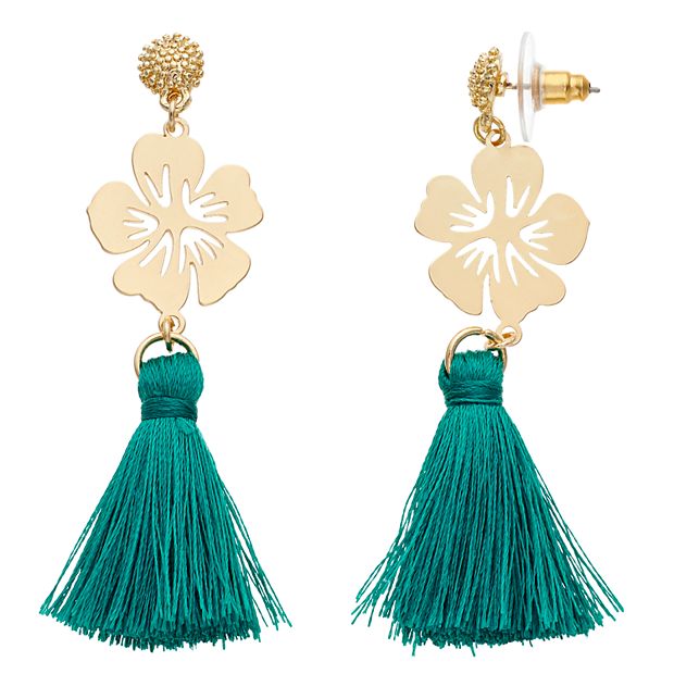 LC Lauren Conrad Teal Tassel Nickel Free Flower Drop Earrings