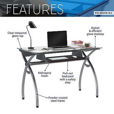 Techni Mobili Contempo Clear Glass Top Computer Desk with Pull Out Keyboard Panel