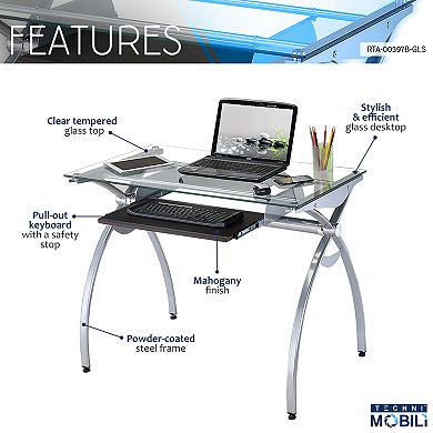 Techni Mobili Contempo Clear Glass Top Computer Desk with Pull Out Keyboard Panel
