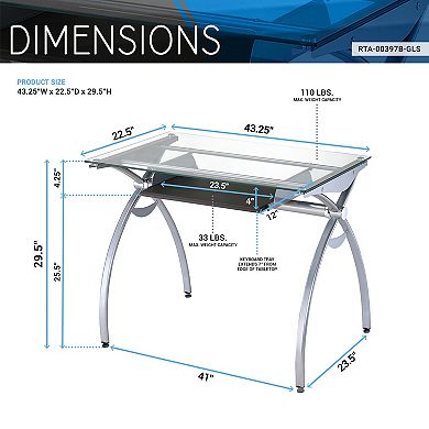 Techni Mobili Contempo Clear Glass Top Computer Desk with Pull Out Keyboard Panel