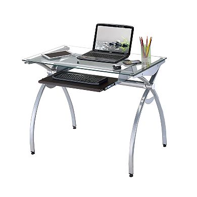 Techni Mobili Contempo Clear Glass Top Computer Desk with Pull Out Keyboard Panel