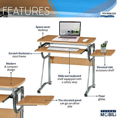 Techni Mobili Compact Computer Desk with Side Shelf & Keyboard Panel