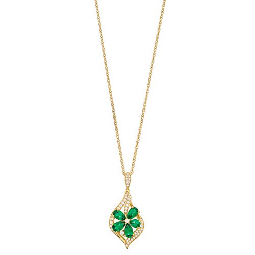 10k Gold Emerald & 1/5 Carat T.W. Diamond Flower Pendant Necklace