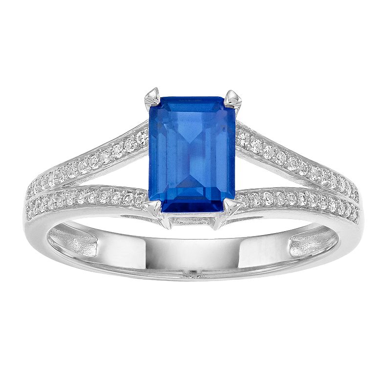 10k White Gold Sapphire & 1/8 Carat T.W. Diamond Split Shank Ring, Womens,