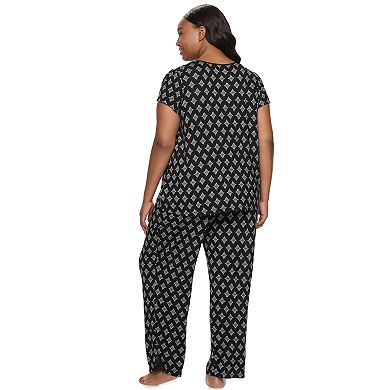 Plus Size Women's Croft & Barrow® V-Neck Short Sleeve Knit Long Pajama Set With Lace