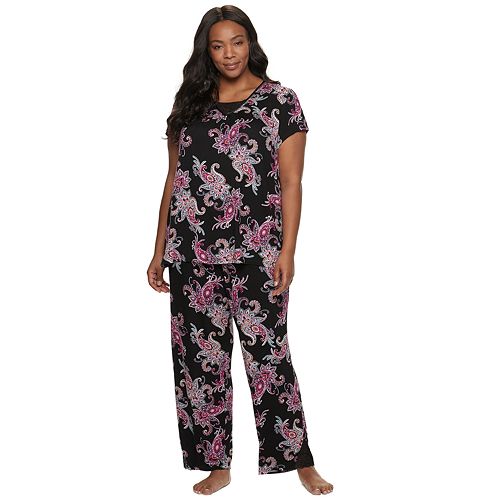 Plus Size Women's Croft & Barrow® V-Neck Short Sleeve Knit Long Pajama ...