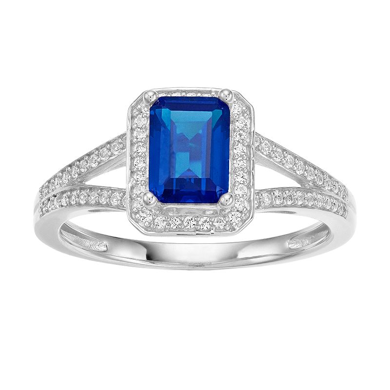 14k White Gold Sapphire & 1/6 Carat T.W. Diamond Square Halo Ring, Womens,