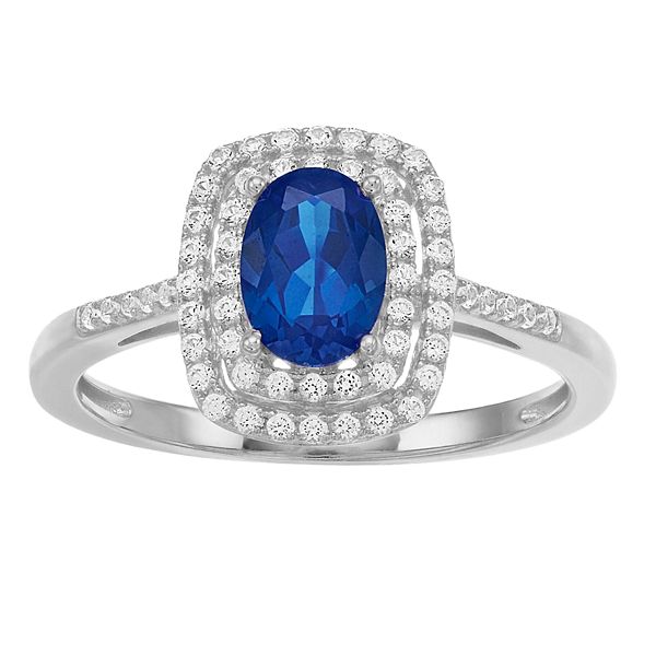 10k White Gold Sapphire & 1/3 Carat T.W. Diamond Halo Ring