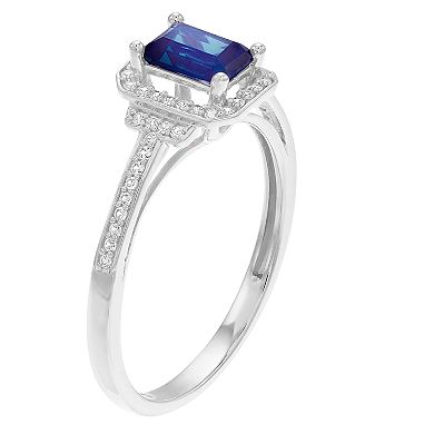 10k White Gold Sapphire & 1/6 Carat T.W. Diamond Halo Ring