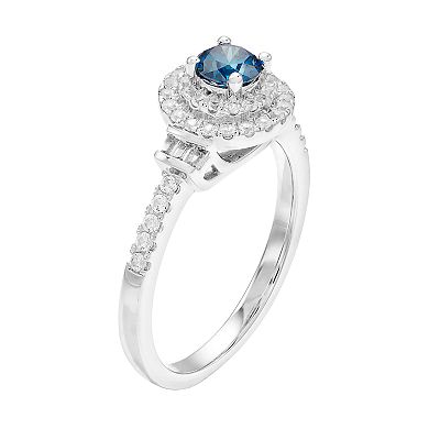 Lovemark 10k White Gold 3/4 Carat T.W. Blue & White Diamond Halo Ring