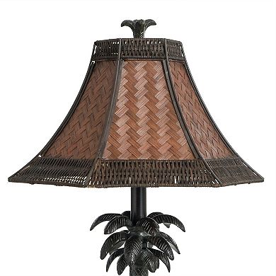 French Verdi Table Lamp Dark Brown Finish and Brown Woven Rattan Shade