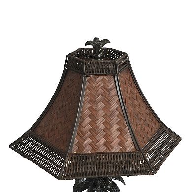 French Verdi Table Lamp Dark Brown Finish and Brown Woven Rattan Shade