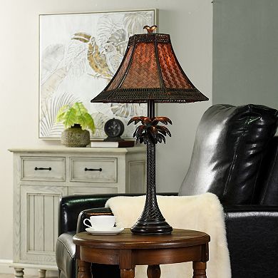 French Verdi Table Lamp Dark Brown Finish and Brown Woven Rattan Shade