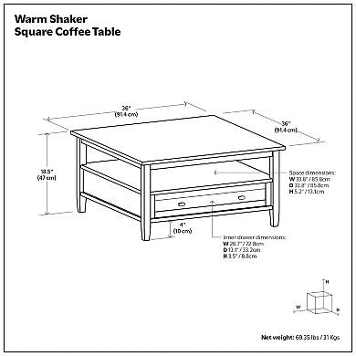 Simpli Home Warm Shaker Solid Wood Square Rustic Coffee Table