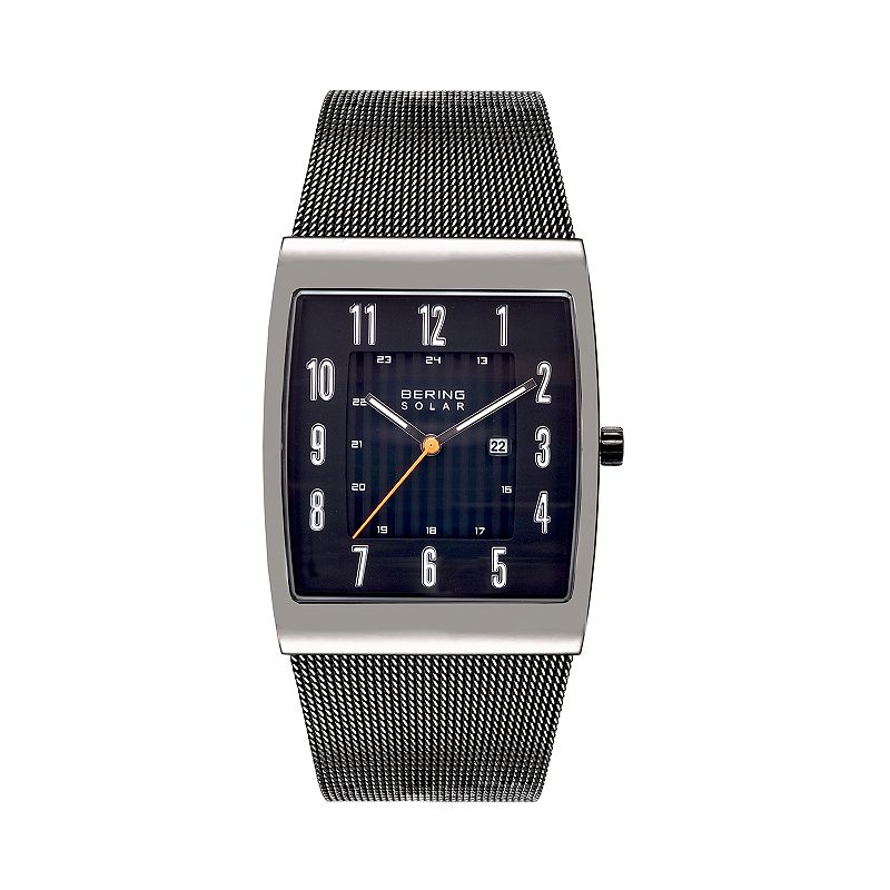 BERING Mens Slim Solar Gunmetal Stainless Steel Tank Mesh Watch - 16433-37