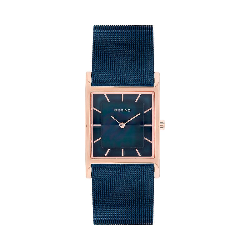 BERING Women's Classic Rose Gold Tank Case and Blue Mesh Strap Watch, Size: Small