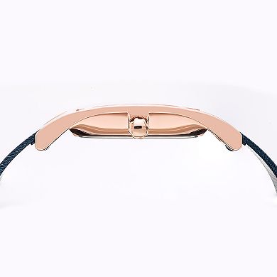 BERING Women's Classic Rose Gold Tank Case and Blue Mesh Strap Watch