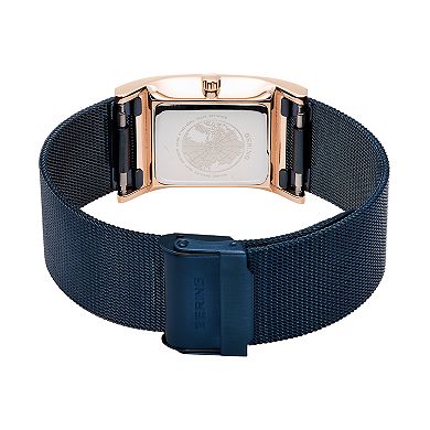 Womens BERING BERING Women's Classic Rose Gold Tank Case and Blue Mesh Strap Watch