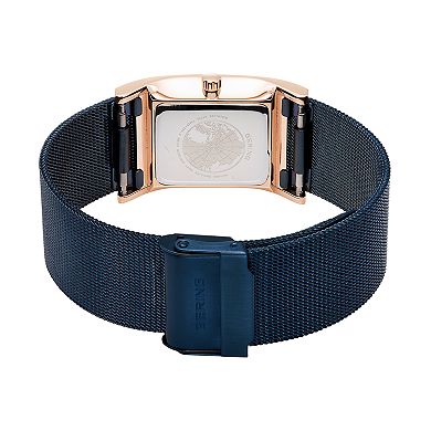 BERING Women's Classic Rose Gold Tank Case and Blue Mesh Strap Watch