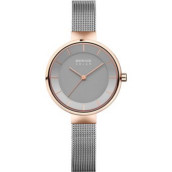 Women's Slim Solar Rose Gold Case Grey Mesh Watch
