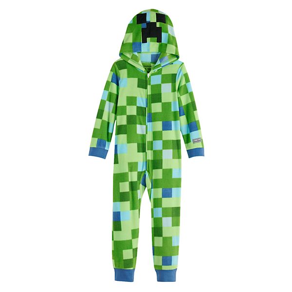 Minecraft Creeper Onesie Blue Boys Kids Long Sleeved Hooded Zip Costume Pyjama