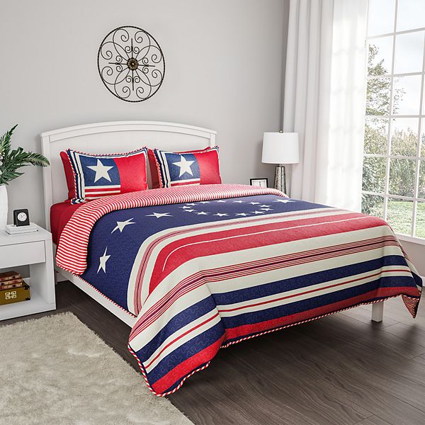 Patriotic Americana Flag Print Quilt Set, Americana Bedding Twin