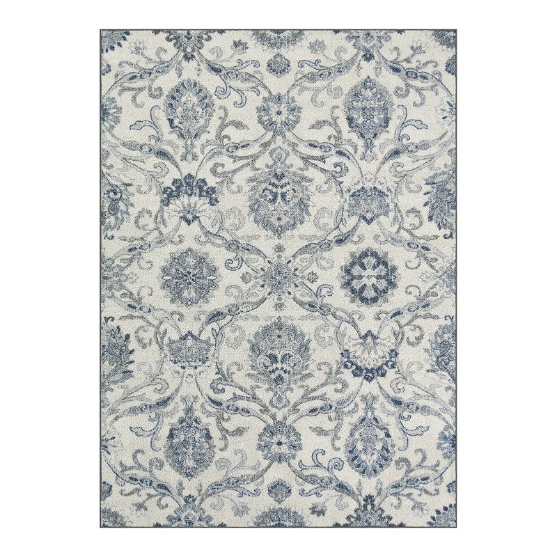 Maples Rugs Blooming Damask Kitchen Rugs Non Skid Accent Area Floor Mat [Made in USA]  1 8 x 2 10  Grey/Blue