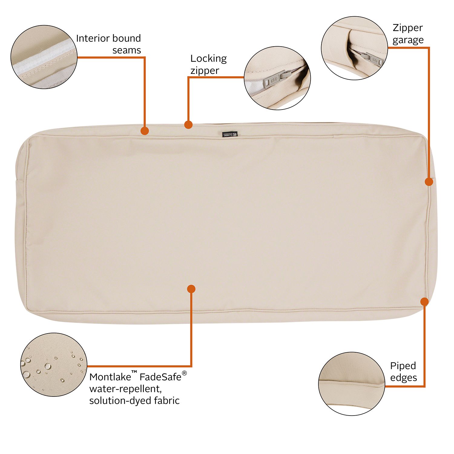 Classic Accessories Montlake Kissenbezug Wasserabweisend – Für Gartenbank (150x45x7,6 Cm), Antikbeige