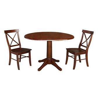 International Concepts Round Pedestal Drop-Leaf Dining Table & Chair 3 pc Set
