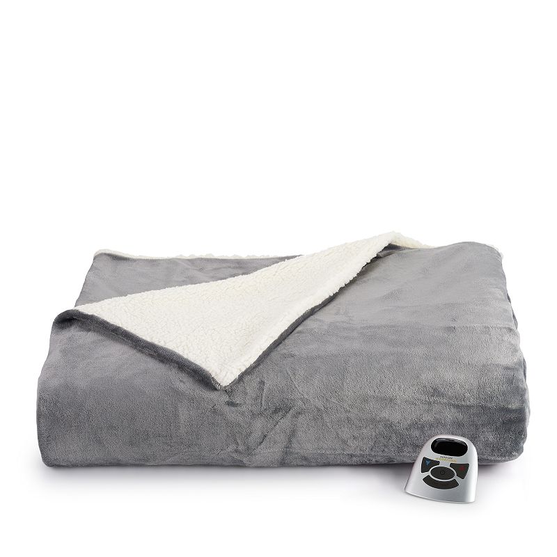 Biddeford Electric Heated Velour Sherpa Blanket, Grey, Full