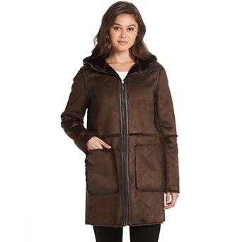 Women's Weathercast Hooded Heavyweight Faux Shearling Walker Jacket