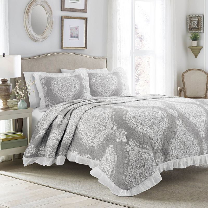 King 3pc Lucianna Ruffle Edge Cotton Bedspread Set Gray - Lush Décor