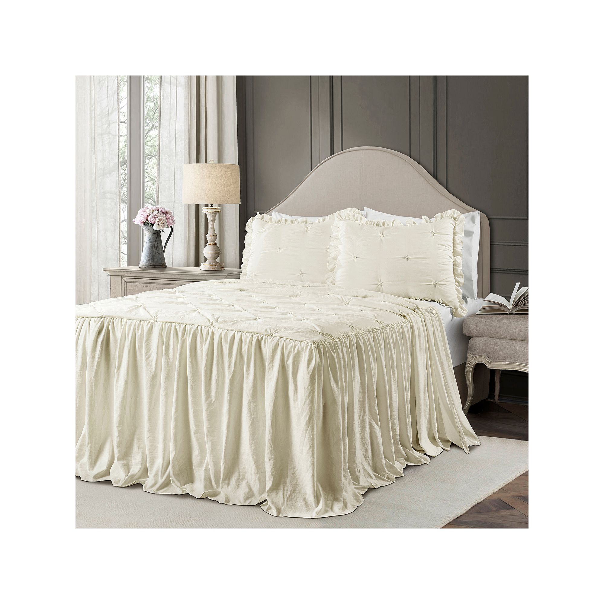 Lush Decor Ravello Pintuck Ruffle Skirt Bedspread 3-Piece Set, Ivory