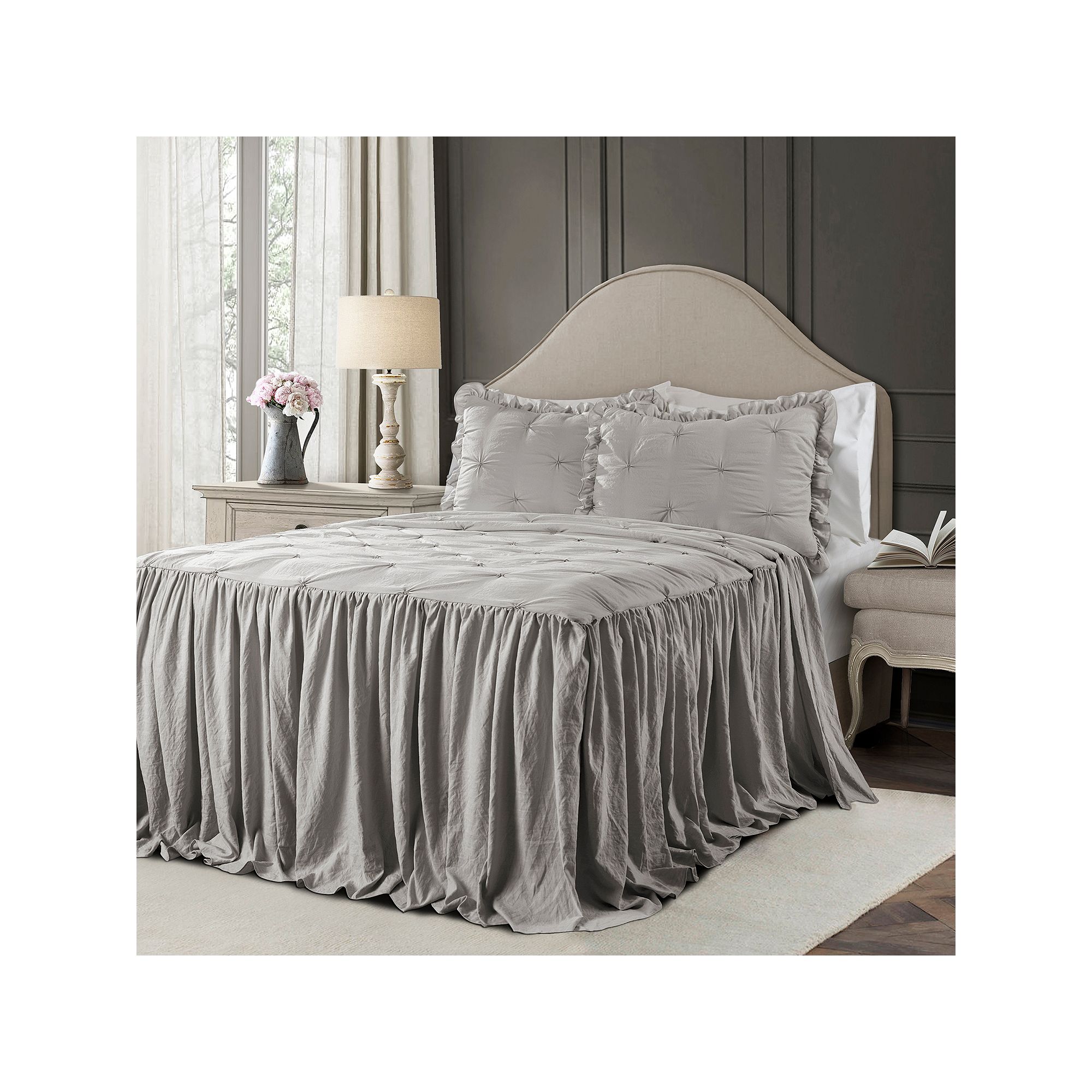 Lush Decor Ravello Pintuck Ruffle Skirt Bedspread 3-Piece Set, Light Gray