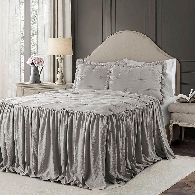 Lush Decor Ravello Pintuck Ruffle Skirt Bedspread 3-Piece Set, Grey, King