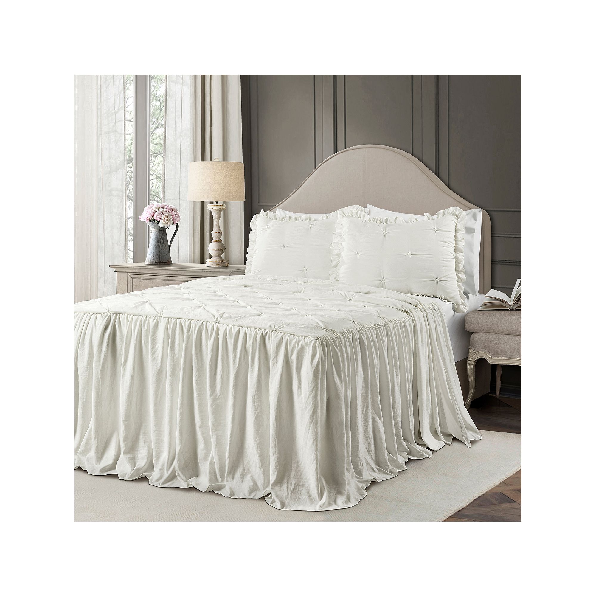 Lush Decor Ravello Pintuck Ruffle Skirt Bedspread 3-Piece Set, White