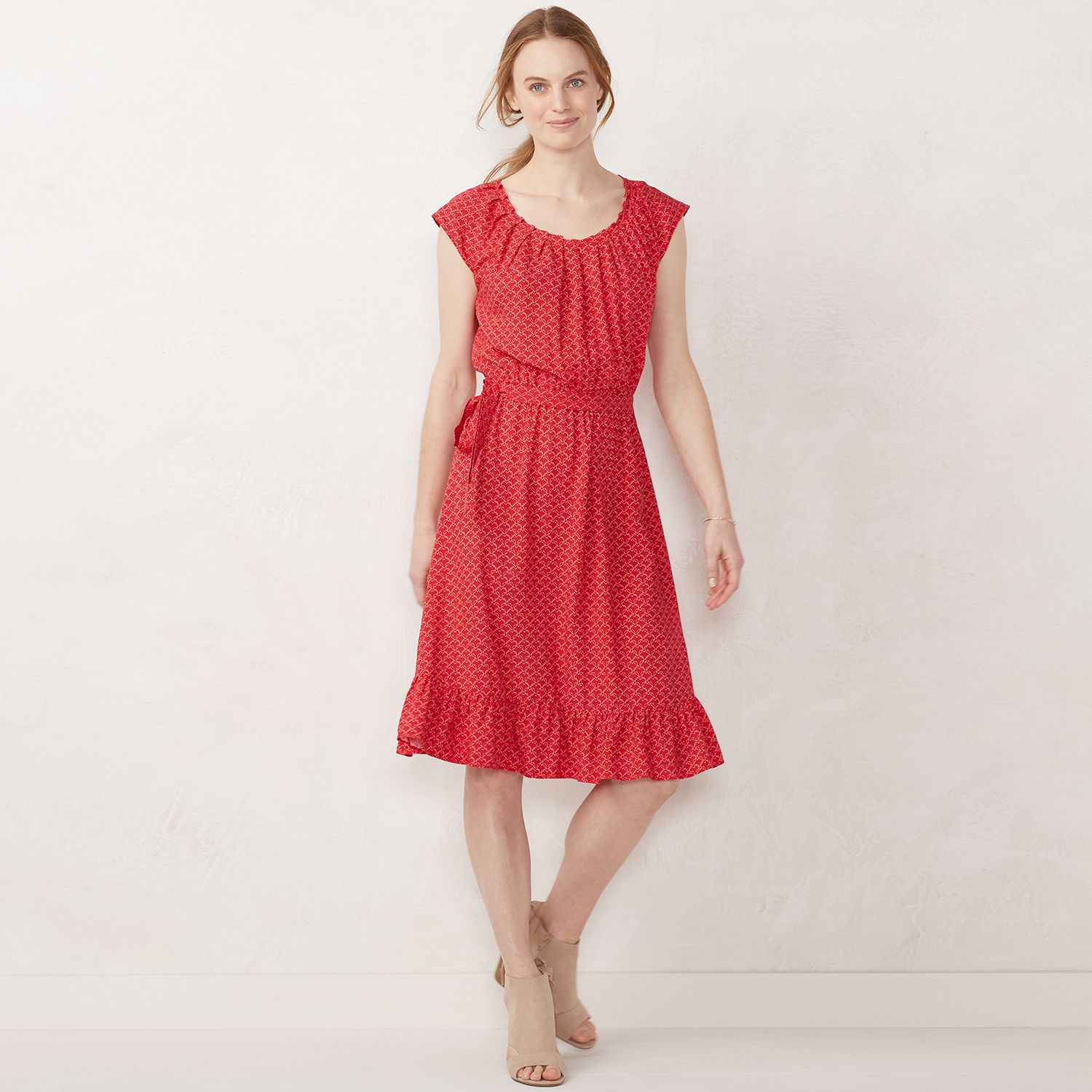 red cap sleeve pleated midi skater dress