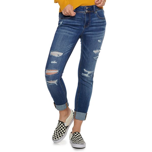 Juniors' Indigo Rein Mid-Rise Recycled Roll Cuff Skinny Jeans